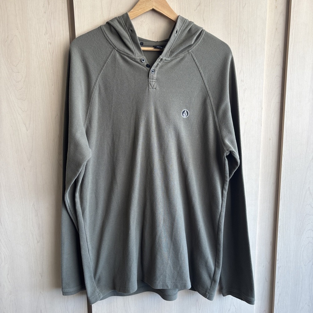 Volcom Hoodie Murph Thermal Waffle Knit Green Henley Pullover Mens X-Large XL